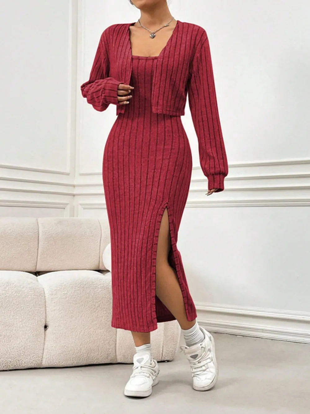 Long Sleeve Cropped Cardigan and Slit Cami Dress Set