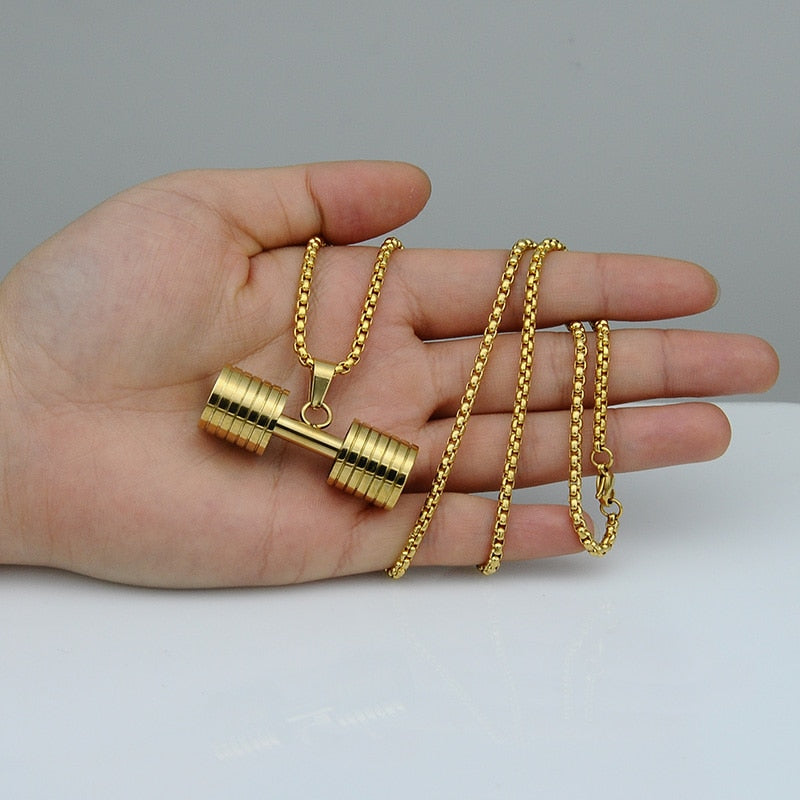 Titanium Stainless Steel Dumbbell Gym Pendant Necklaces
