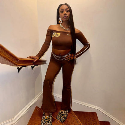 Off-Shoulder Top and Wide Leg Pants Athletic Set