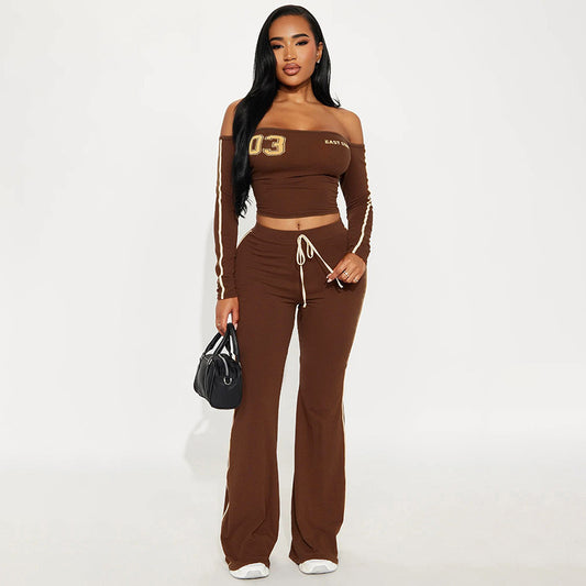 Off-Shoulder Top and Wide Leg Pants Athletic Set