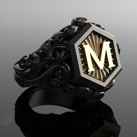 Bohemian Black M Letter Stainless Steel Rings