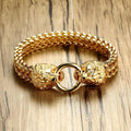 Antique Double Lion Head Herringbone Chain Bracelet for Men Stainless Steel 22.5cm