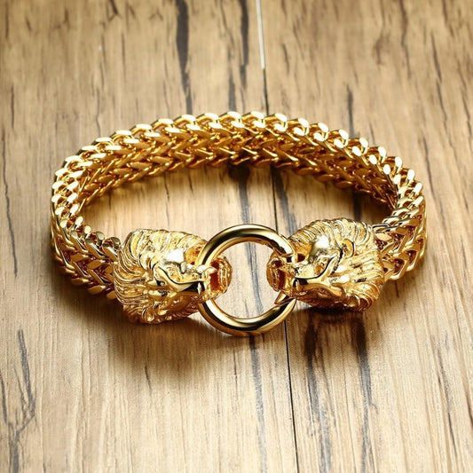 Antique Double Lion Head Herringbone Chain Bracelet for Men Stainless Steel 22.5cm